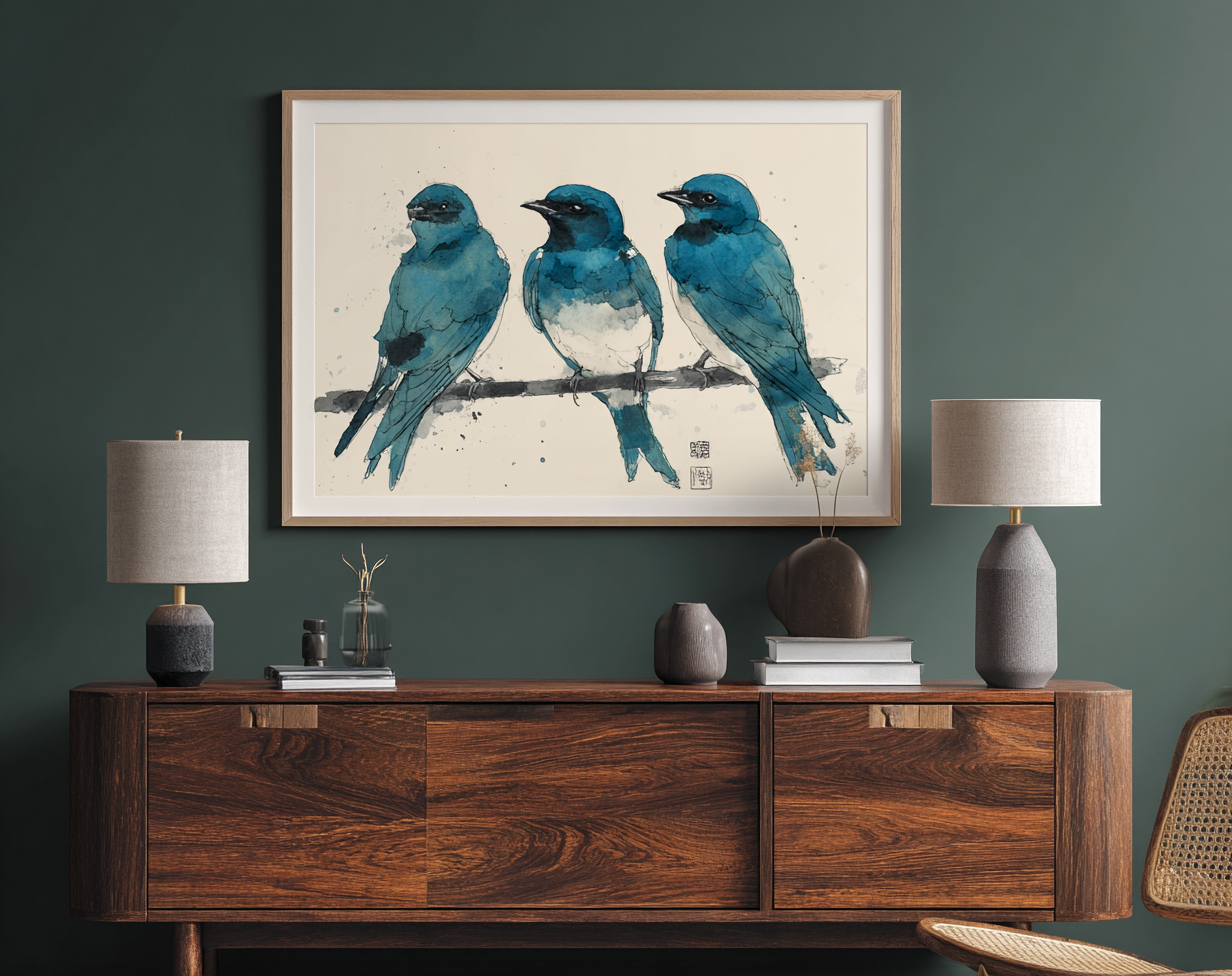 Three blue canaries watercolor